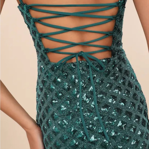 Lulus Shimmering Vibes Emerald Green Lurex Sequin Lace-up Mini Dress - Size S - Picture 3 of 4